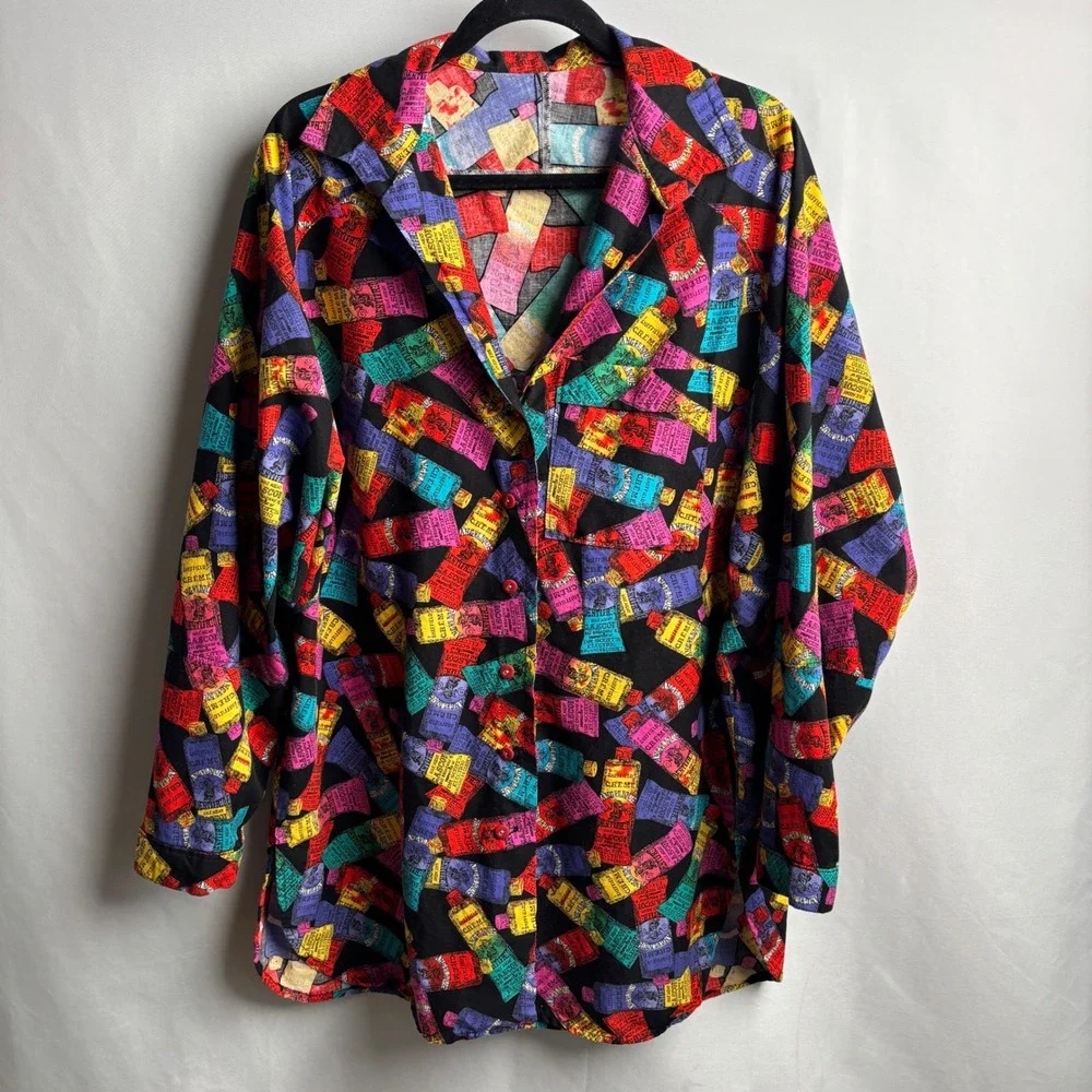 VTG Novelty Print Button Up Tunic Top Antique‎ Toothpaste Dentist Pop Art Retro